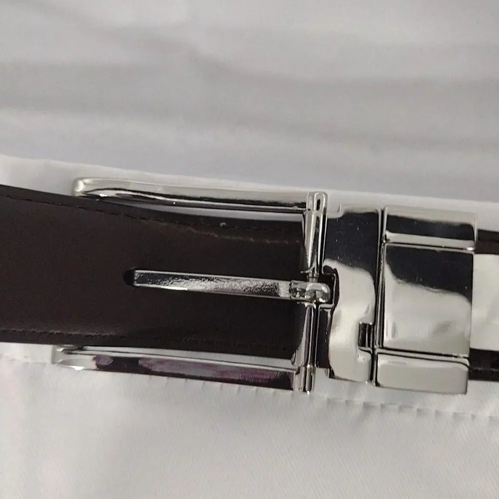 Nordstrom Belt Mens 40 Black Brown Leather Reversible Dress Silver Buckle